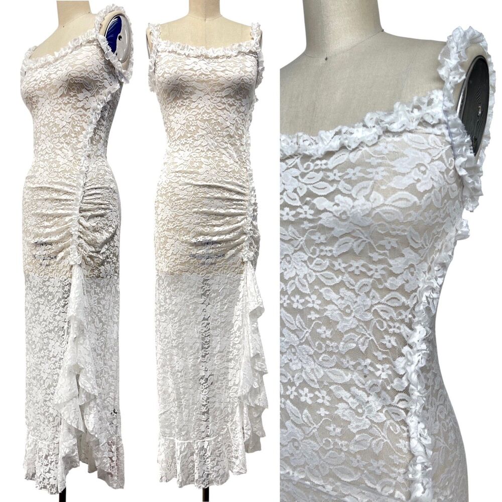 NWT White Lace Maxi Dress S Fairycore Cottagecore Ruffle Bridal Wedding Midi